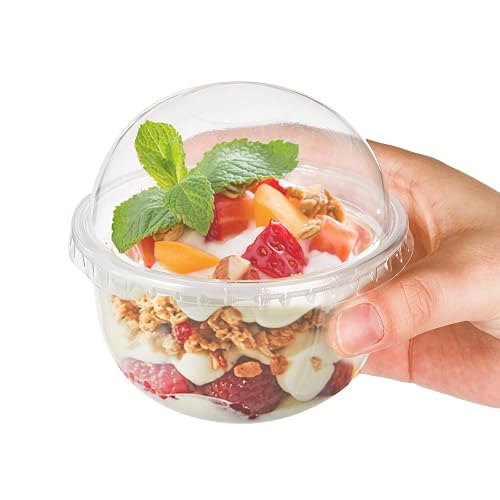 100 Pack 8 OZ Plastic Dessert Cups With Dome Lids, No Hole Clear Yogurt Parfait Cups, Disposable Party Serving Cups With Sporks And Stickers For Ice