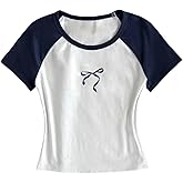 Ecolala Girls Shirts Crew Neck Contrast Raglan Short Sleeve Bow Graphic Tees Cotton Casual Cute Summer Tops