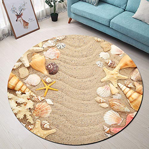 Beach Theme Area Rugs, Seashells and Starfishes NonSlip Round Rug