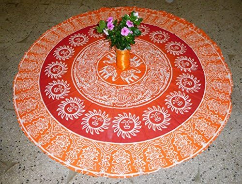 Yoga Mat Mandala Beach Towel Sun Elephant Orange Mandala Round Table Cover Beach Throw Tapestry Hippie Gypsy Tablecloth Round Yoga Mat, 50 Inch 100% Pure Cotton Screen Print Yoga Mat By "Gemsandcraft"