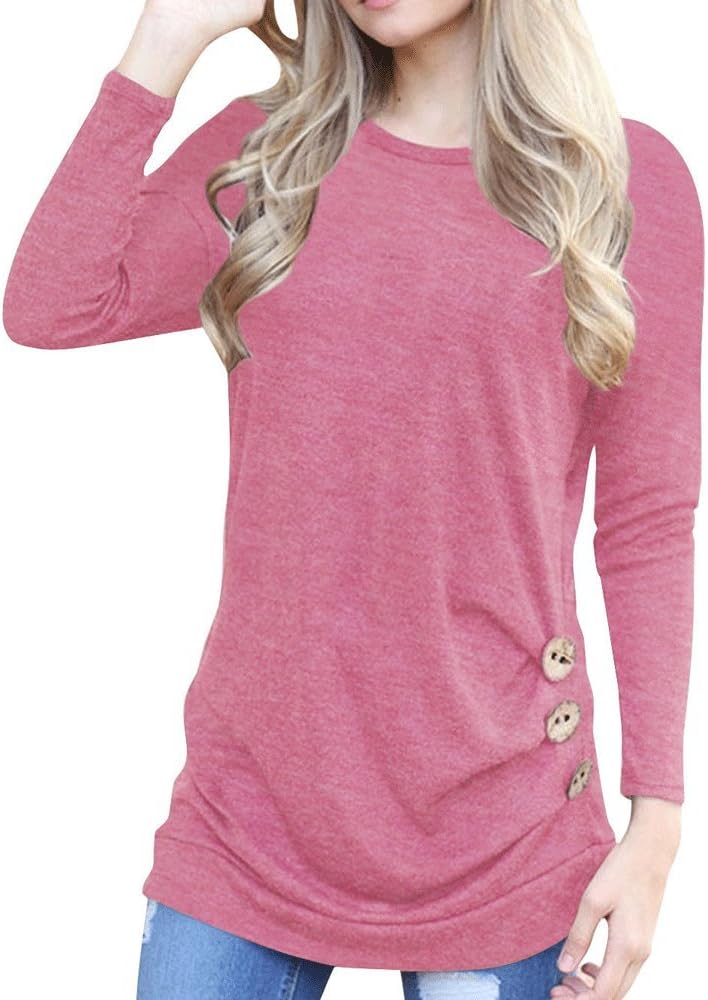 LINGMIN Women Long Sleeve Tunic Top Button Decoration Tee Shirt Basic Casual Round Neck Fitted Blouse