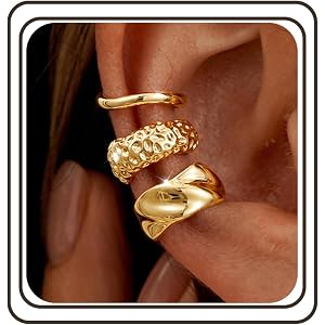 Affolace 14K Gold Plated Layered Chunky Ear Cuff for Women Thick Ear Clips | Ear Cuff Earrings for Women,Hammered Texture des