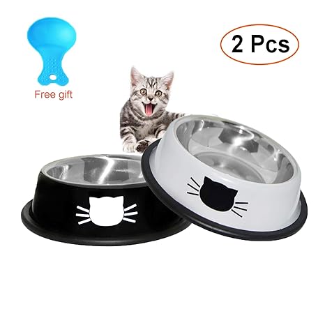 VIKEDI Katzennapf, Futternapf Katze, 2 Stück Katzennapf Edelstahl Rutschfest Katzen Napf Set, Fressnapf Katze Futterschüssel 