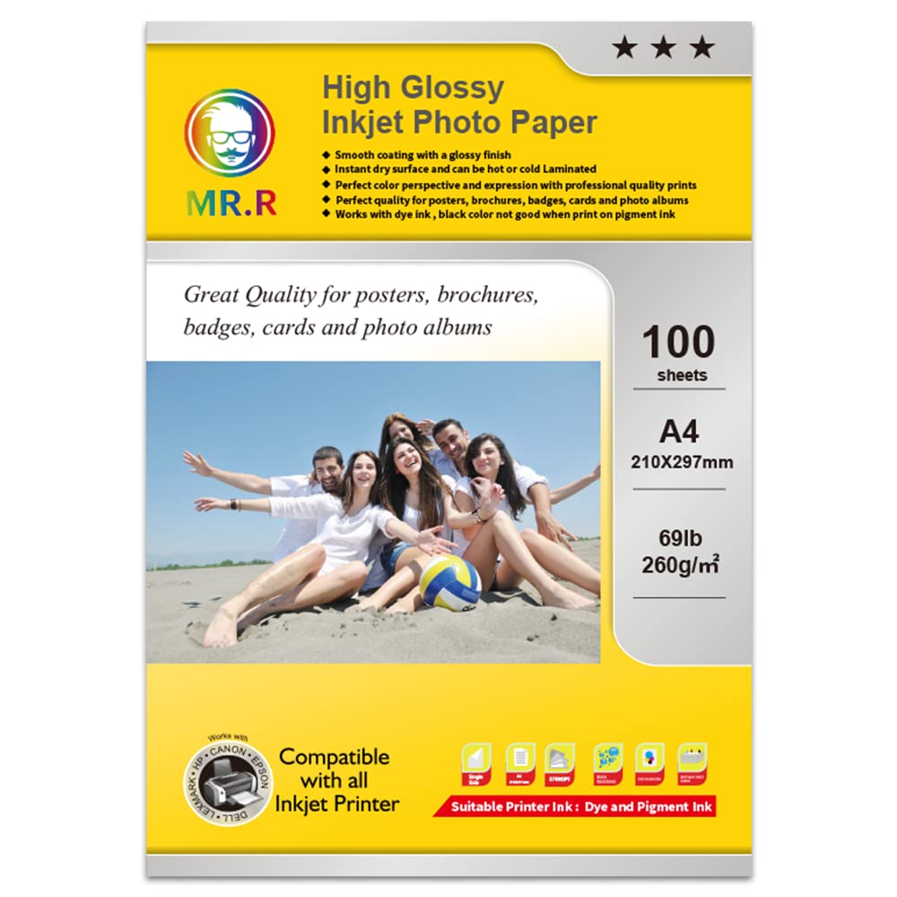 MR.R High Glossy Waterproof Inkjet Photo Paper 260gsm A4 x 100 Sheets 210 x 297mm Size Compatible with All Inkjet Printer