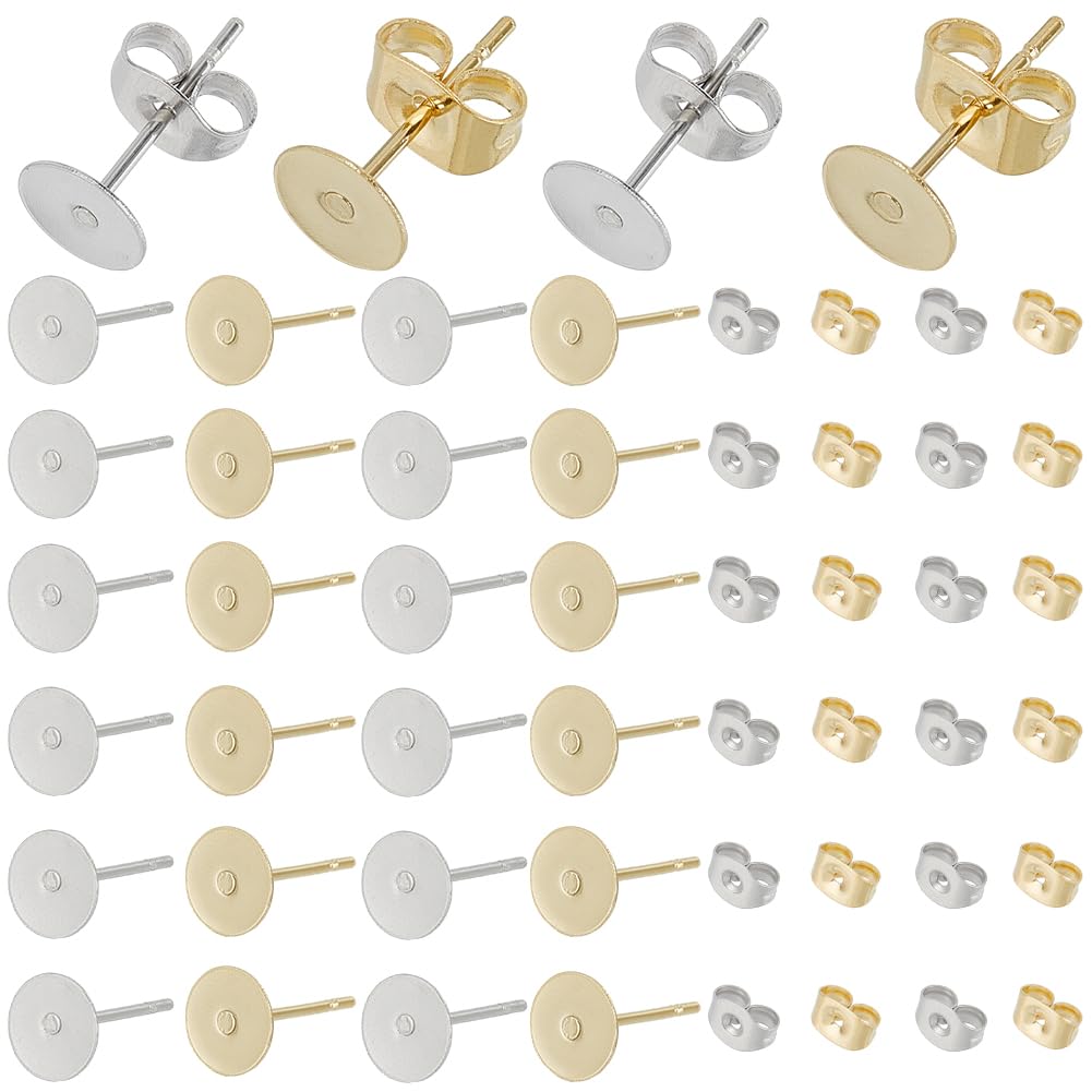 SOFPLATE 1 Box 200Pcs 12mm Flat Pad Earring Post Stainless Steel Stud Earring Findings Hypoallergenic Round Blanks Earring Studs with Butterfly Ear Back Gold Earring Posts for jewellery Making