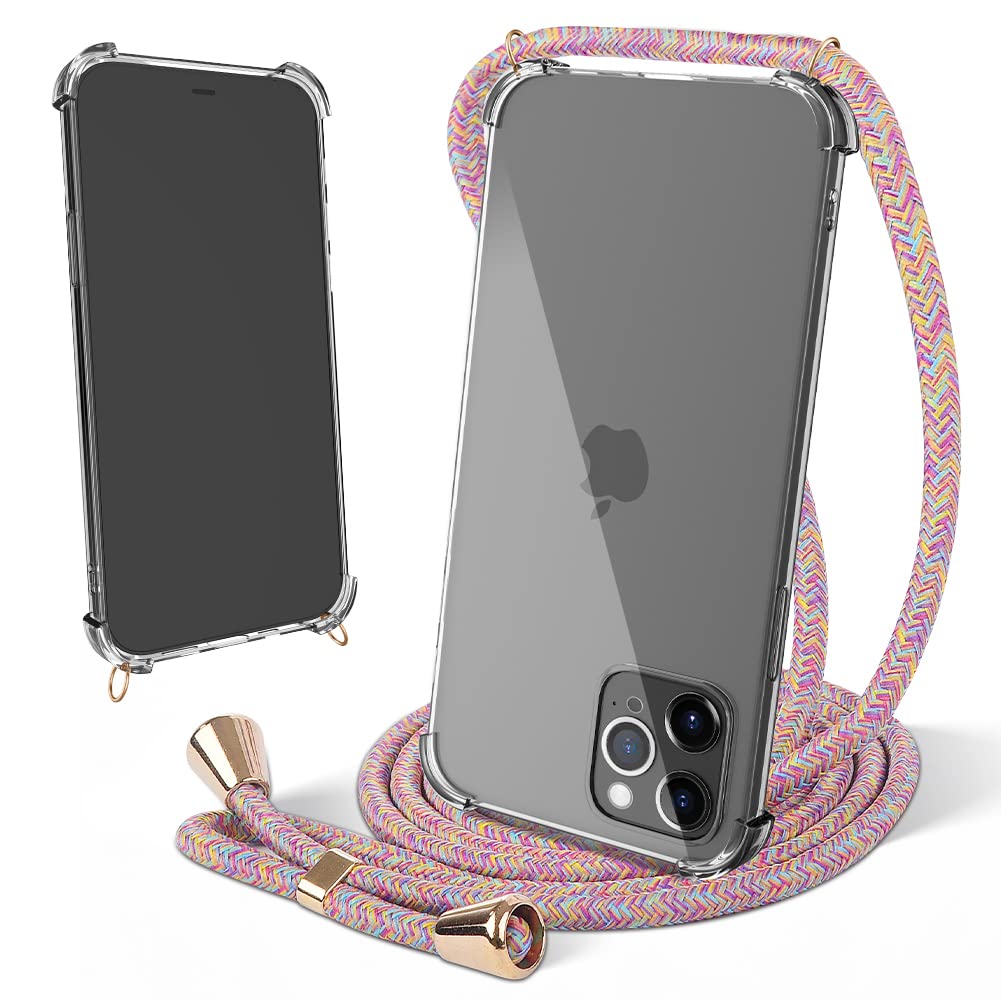 Ptny Lanyard Case Clear Compatible with iPhone 12 Pro Max, Phone Case with Cord Strap for Women Girls Protective Case, Shockproof Transparent Soft TPU Bumper Silicone Cover, Iridescent