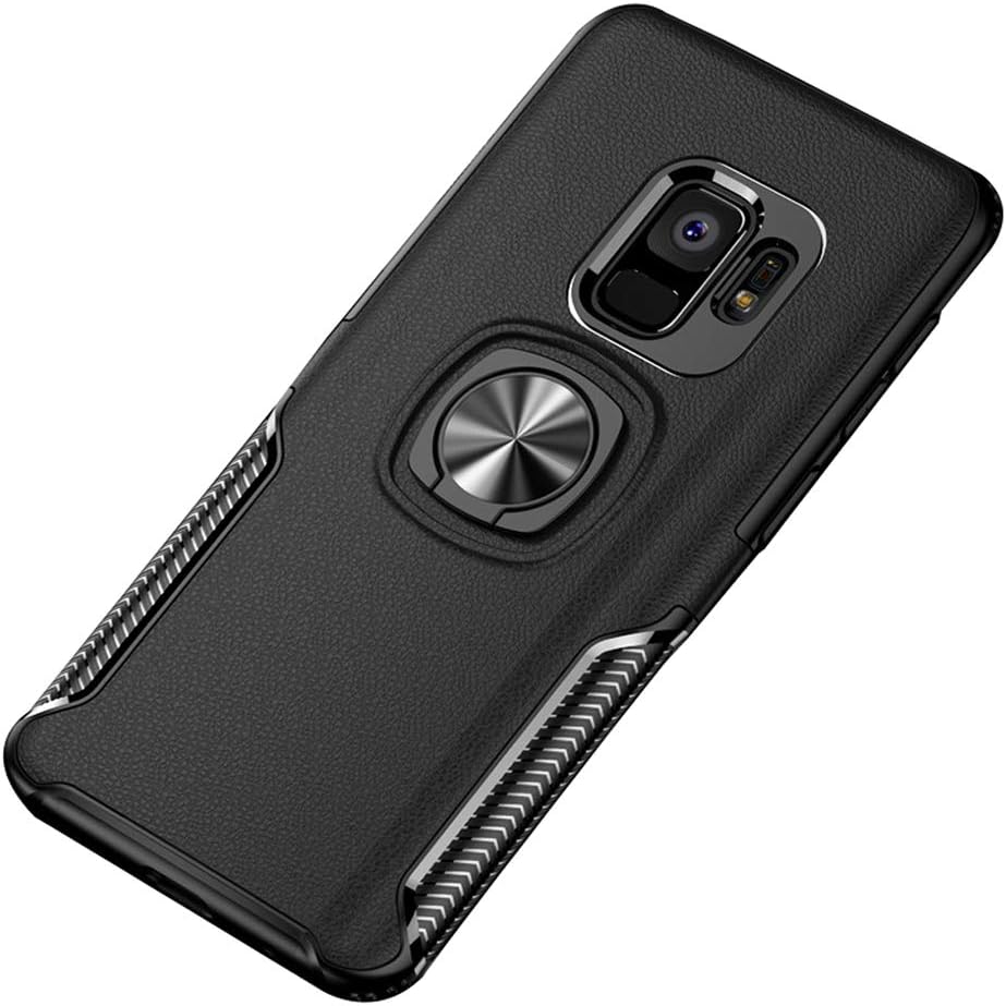 Compatible Samsung Galaxy S9 Case, ANERNAI Hard PC Silicone 360 Degree Rotating Ring Holder Kickstand Magnetic Car Mount Thin Shock Absorption Cover (Black)