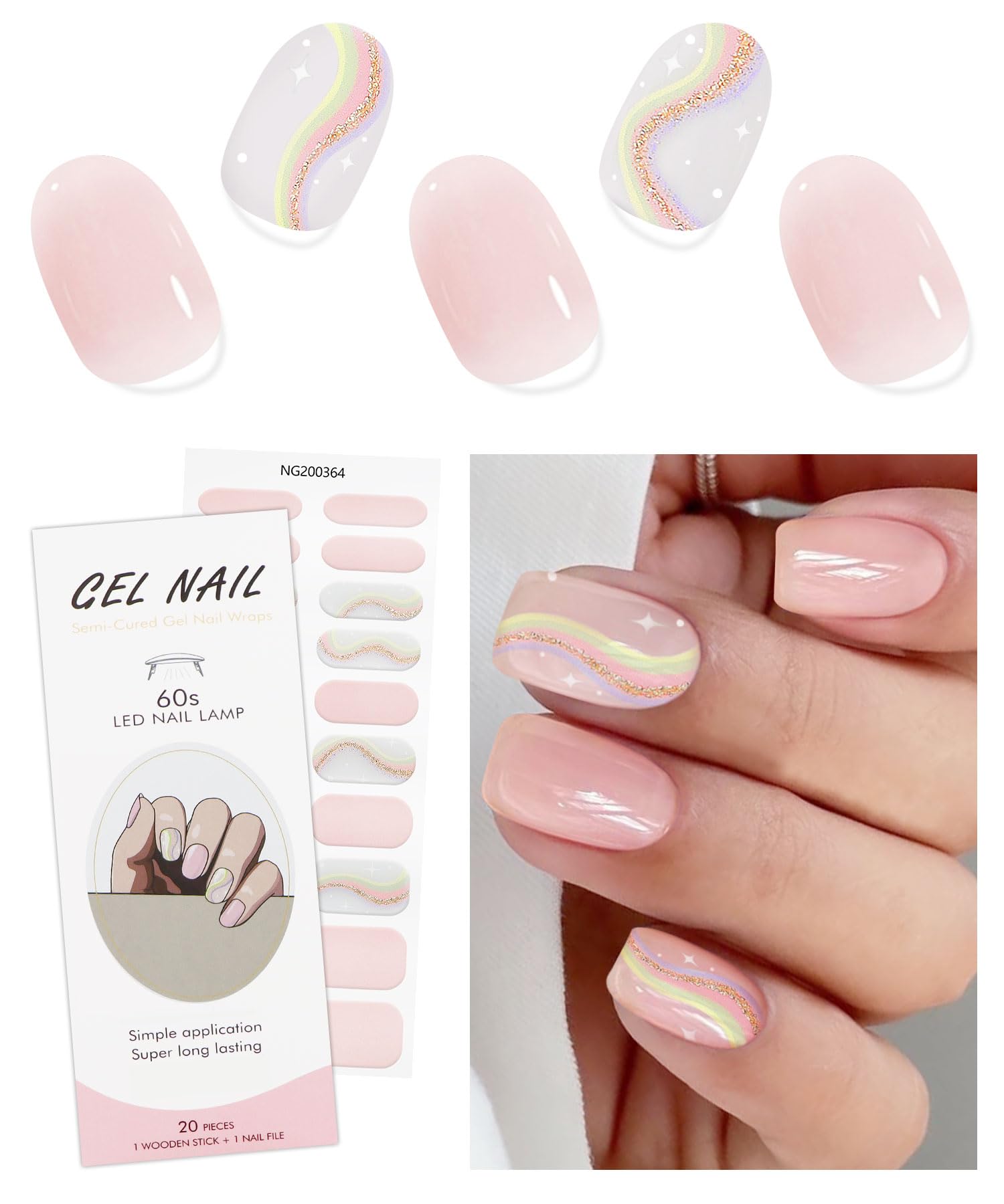 JMEOWIO Semi Cured Gel Nail Strips Pink French Tip Gel Nail Stickers Nails Art Design Decoration Accessories