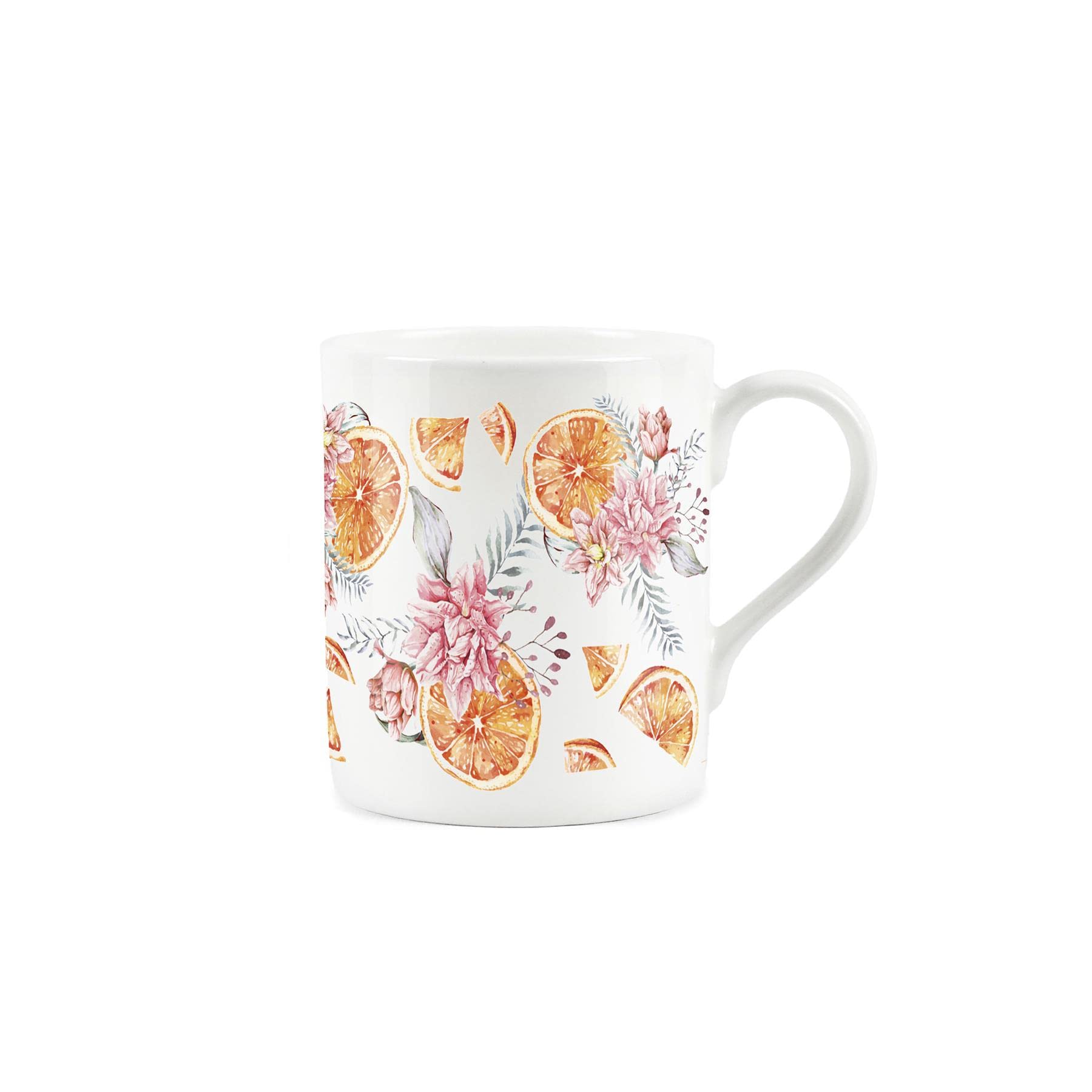 Purely Home Tangerine Orange Print Mug - Painted Florals Collection - Small Fine Bone China White Mug Present Gift