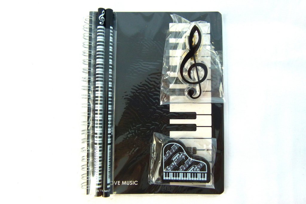 Music Themed Stationery Notebook Set - Black Piano Keys Spiral Bound Notebook, Piano Eraser, Treble Clef Clip and 2 Musical Notes Pencils