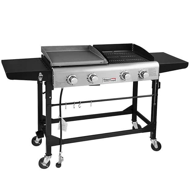 Royal Gourmet Propane Gas Grill and Griddle Combo,4-burner,Griddle Top, Outdoor Camping Stove with Side Table, Upgrading Product with New Process