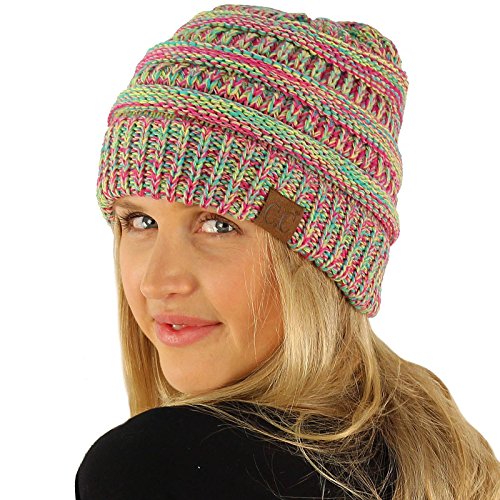 Quad Color Warm Chunky Thick Stretchy Knit Slouchy Beanie Skull Cap Hat Hot Pink