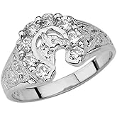 Lucky Horseshoe Ring with CZ in Solid Sterling Silver (Size 11)