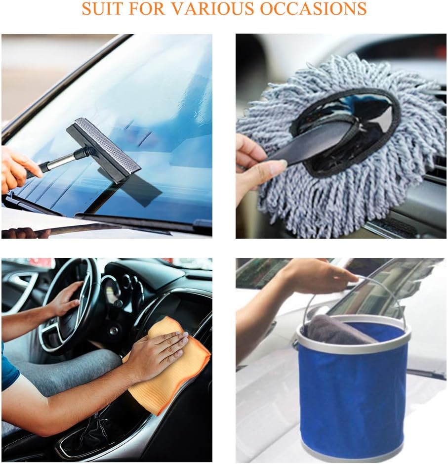 Hhobake 11Pcs Car Cleaning Tools Kit Car Wash Tools Kit for Detailing Interiors Premium Microfiber Cleaning Cloth Car Wash Sponges Tire Brush Window Water Blade and Snow Shovel: Automotive