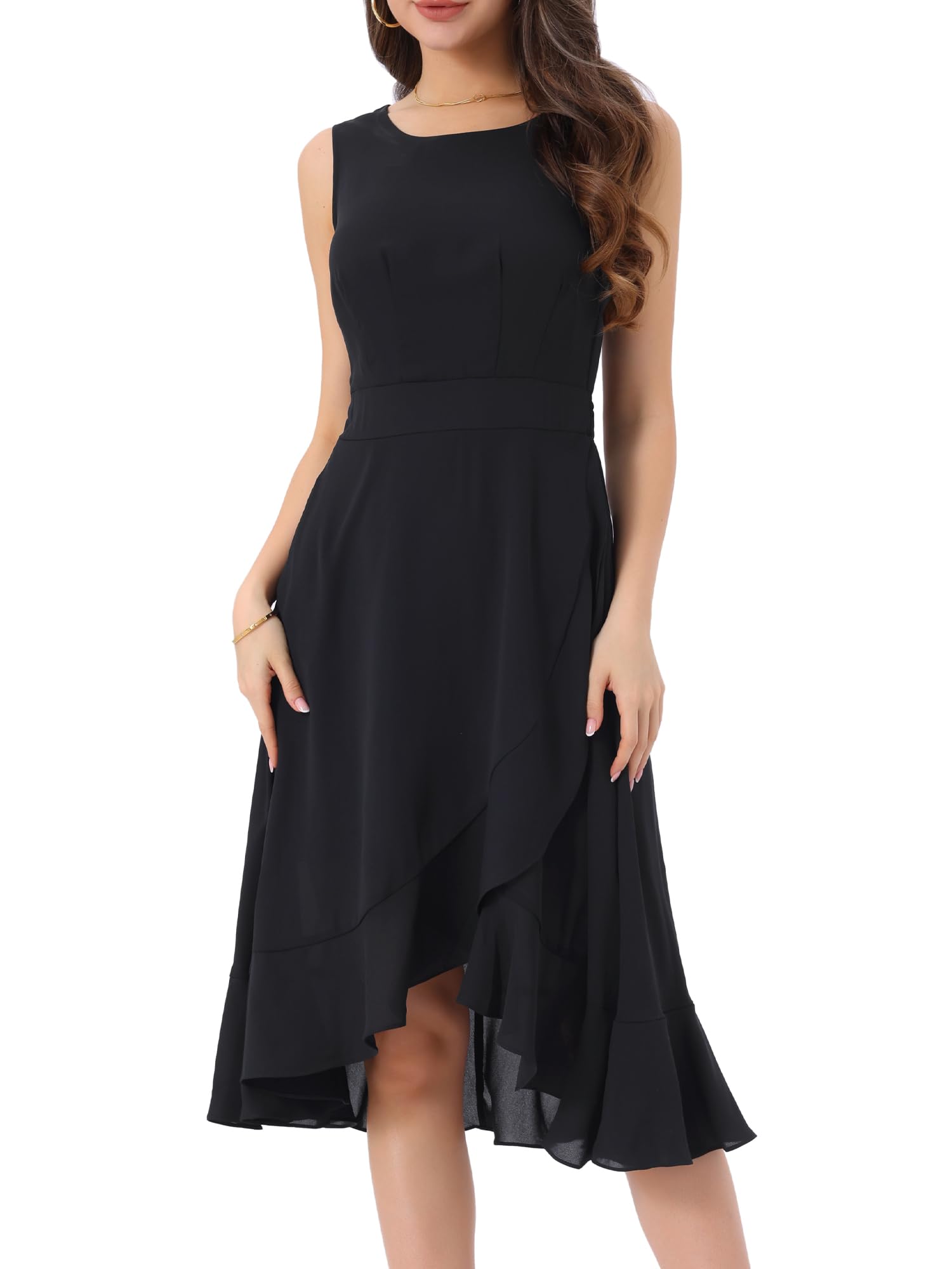 Photo 1 of Allegra K Women's Summer Dresses 2025 Wrap Ruffle High Low Hem Round Neck Keyhole Back Sleeveless Floral Dress Medium Black1 medium 