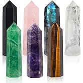 7Pcs 2-2.4" Natural Crystal Obelisk Tower Set,Hexagonal Point Healing Stone | Flat-base standing faceted prisms; fine hand-polished raw minerals; reiki chakra meditation; desktop decor, Stone crafts