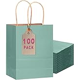 qiqee 100PCS Gift Bag with Handles Bulk Kraft Light Blue Paper Bags Multiple Uses (11"x5"x8"inch Medium Size)