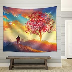 Autumn Landscape with Alone Tree on Mountain,Coming Home Concept,Illustration Painting - Fabric Wall Tapestry Home Decor - 51x60 inches