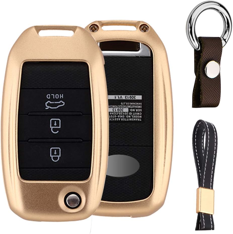 Gold Aluminum Metal Car Key Case Shell Cover with Key Chain for KIA Sorento Carens Forte Rio Soul Optima Sportage 3 4 Buttons