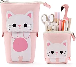 EASTHILL Cartoon Cute Cat Pencil Pouch Canvas Pen Bag Standing Stationery Case Holder Box Student (Pink)