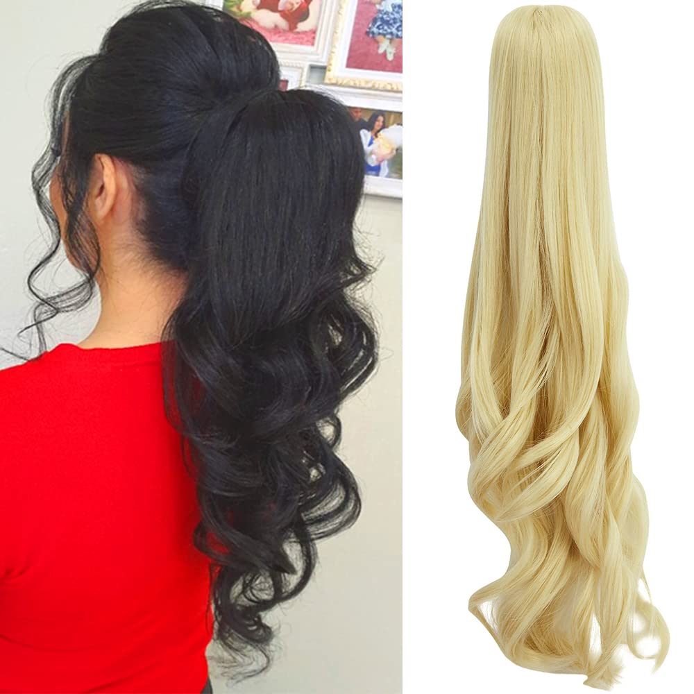 OMGREAT Clip In On Hair Extensions Bleach Blonde Claw Ponytail Extensions Hair Piece Curly for Women Synthetic Heat-Resisting 18 Inch