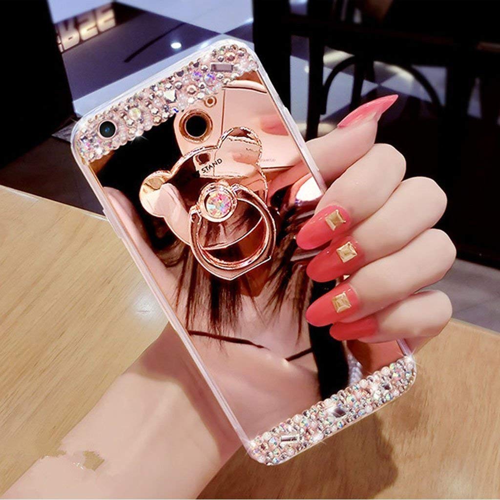 LEMAXELERS OPPO Reno 2Z Case,OPPO Reno 2Z Cover,Glitter Diamond Rinestone Bear Mirror Makeup Silicon TPU Soft Rubber Cover with Bear Diamond Ring Stand Holder for OPPO Reno 2Z,Bear Mirror Rose