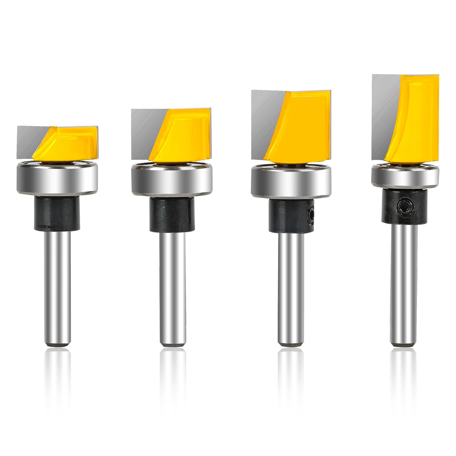 Yueqing Zhongji 4Pcs 1/4 Inch Shank Hinge Mortising Flush Trim Template Router Bit Set with Ball Bearing Carbide Router Bits Pattern Bit Offset Flush Trim Template1/4-Inch Shank