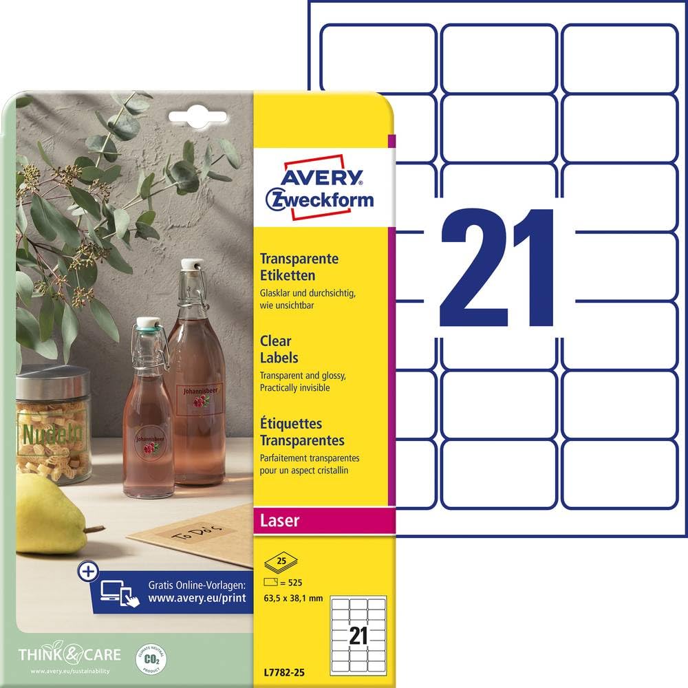 Avery Zweckform L7782-25 Crystal Clear Labels 63.5 x 38.1 mm