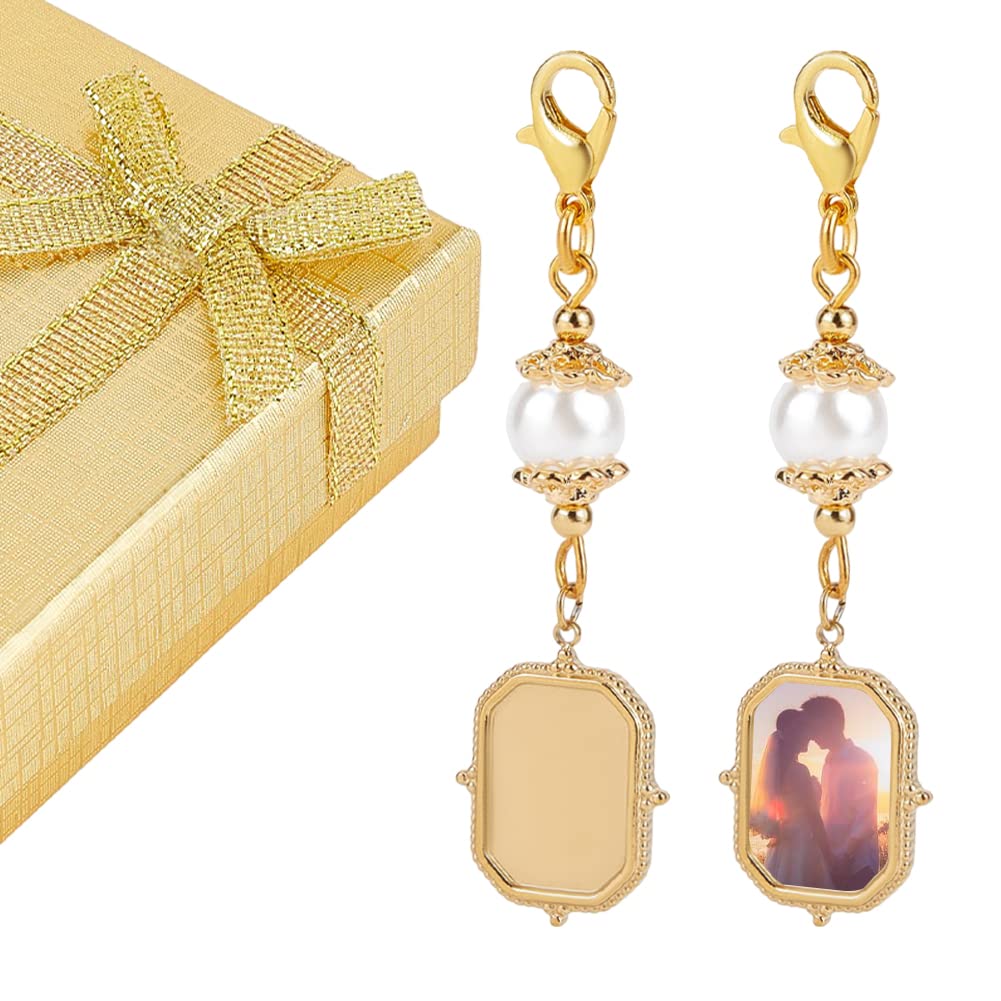 CHGCRAFT 2 Pcs 60mm Gold Wedding Bouquet Charm Rectangle Stainless Steel rial Photo Pendant with Freshwater Pearl and Necklace Boxes for Wedding Bridal Shower Party Decor, Tray: 14.5x10mm