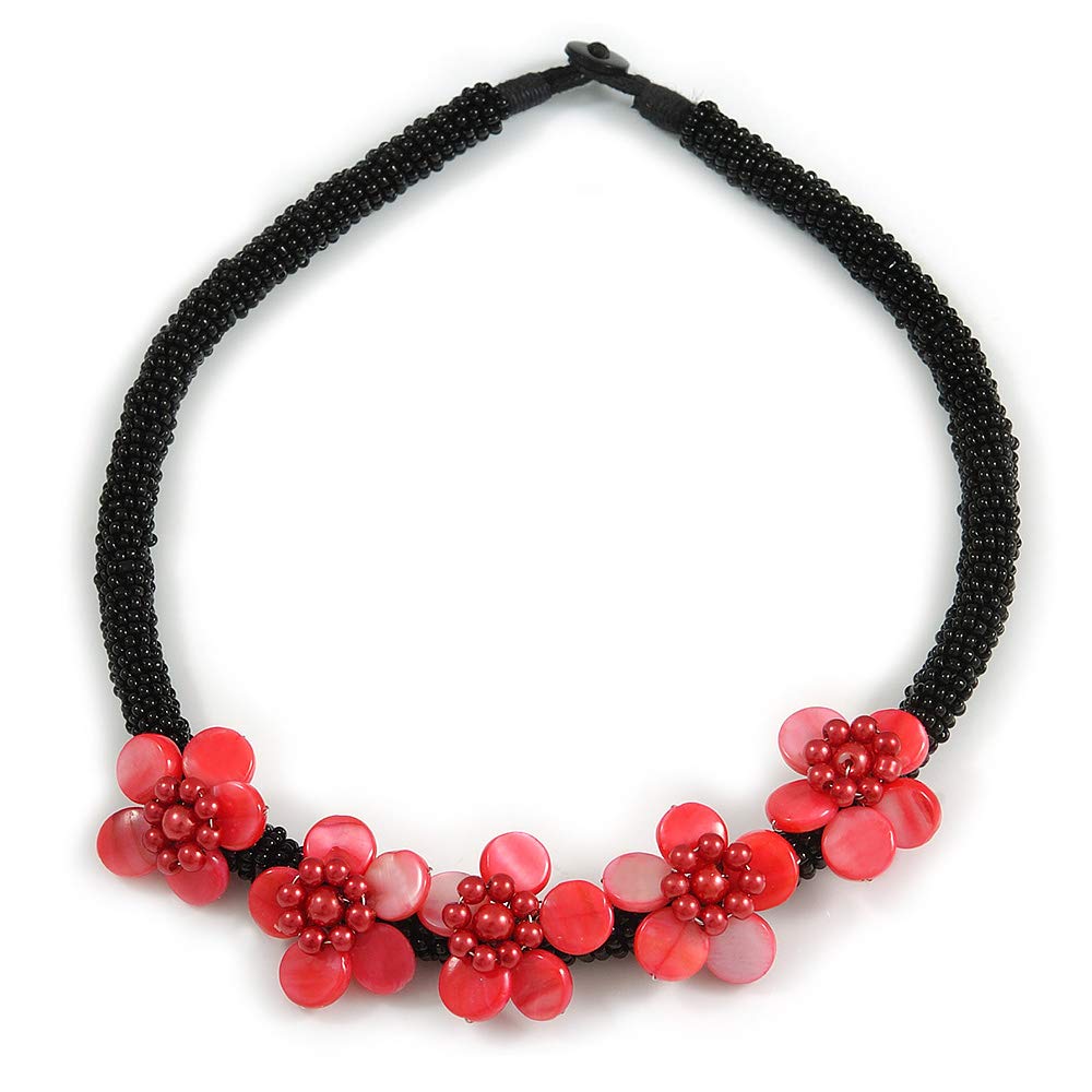 Avalaya Statement Black/Red Glass Bead with Shell Floral Motif Necklace/48cm L