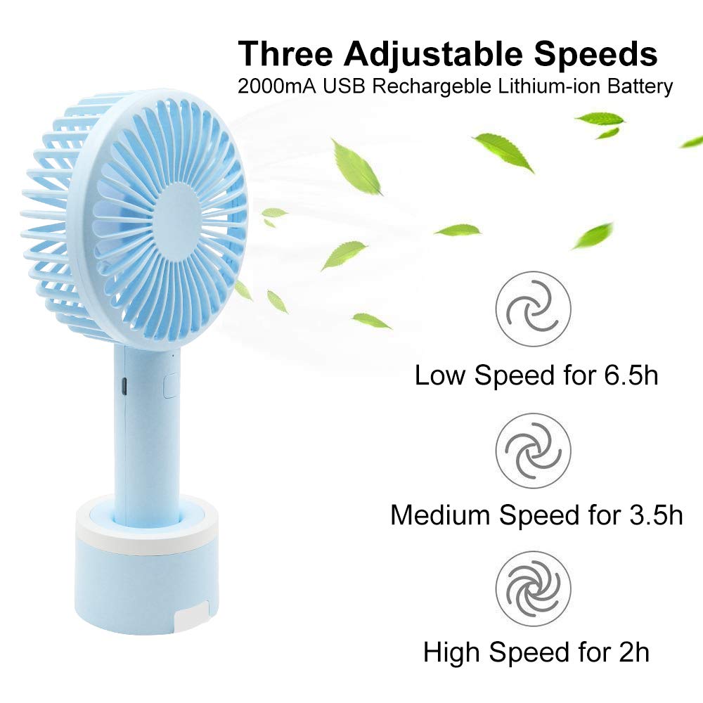 Mini Desk Fan Handheld Fan, Whisper Quiet Portable Personal USB Little Fan with Phone Holder, 2000mA Rechargeable Operated Battery, 3 Speeds Small Fan for Home, Office, Outdoor or Travel(Blue07)