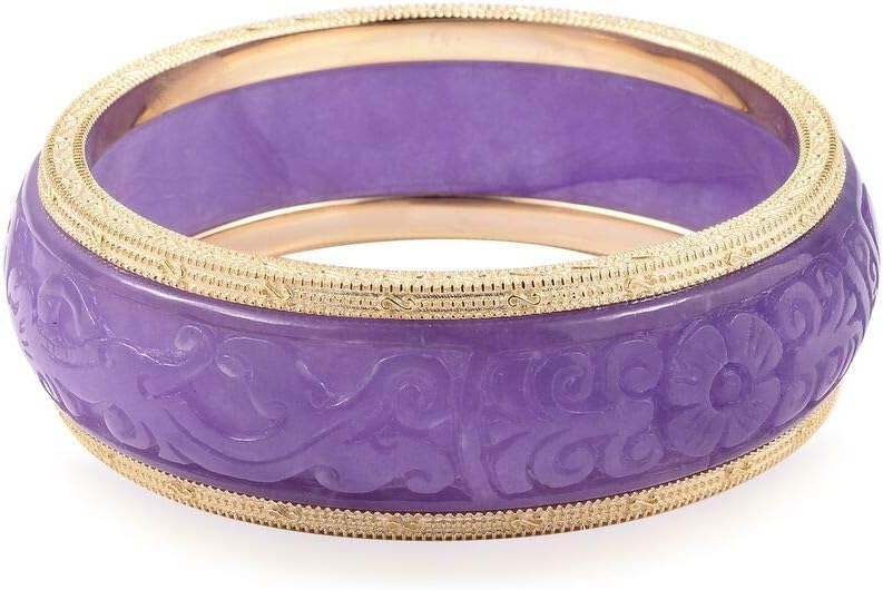 Carved Purple Jade Bangle in Yellow Gold Plated Sterling Silver 20 Grams Size 7.75