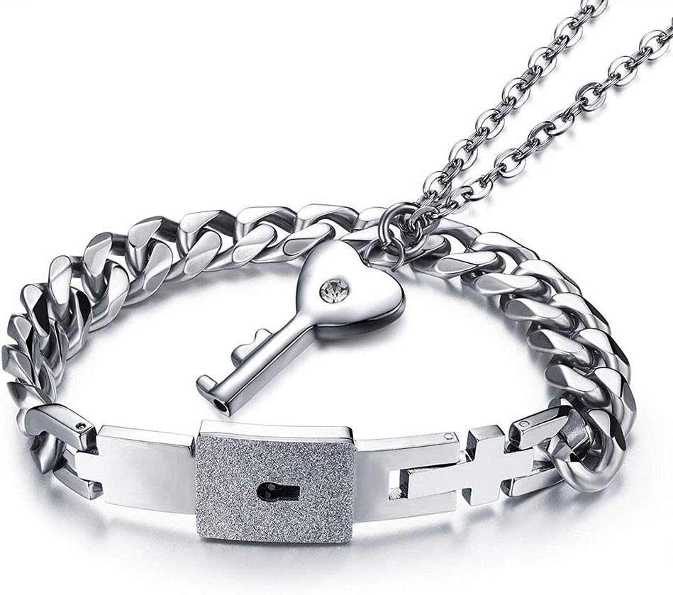 ANLW Stainless Steel Functional Lock & Key Necklace And Bracelet Set Gifts For Couples Fate Love Heart Lock