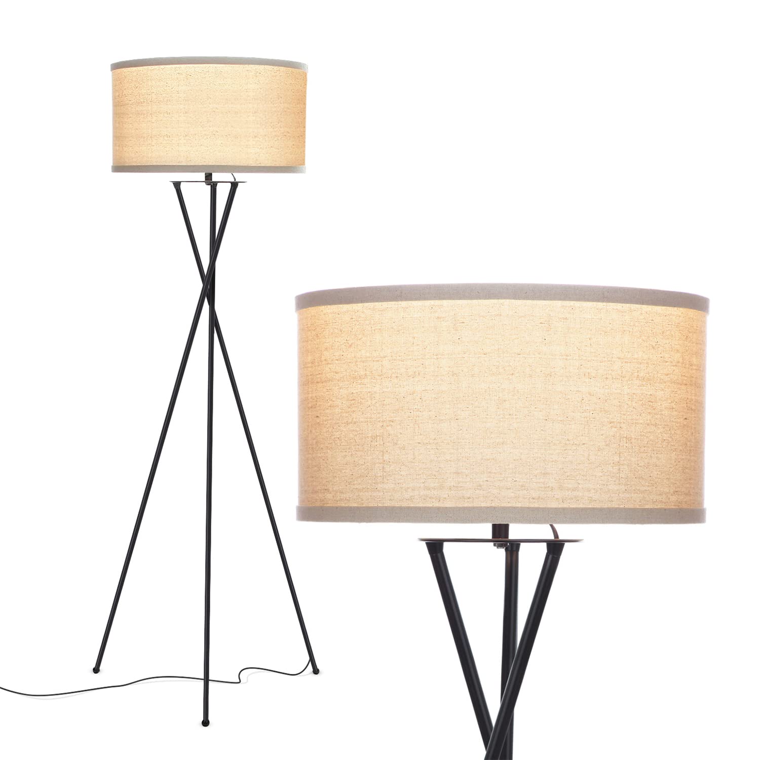 Brightech Jaxon LED Floor lamp, Modern Lamp for Living Rooms & Offices, Tall Lamp with Contemporary Drum Shade, Gold Tripod Standing Lamp for Bedroom Reading, Great Living Room Decor - Black