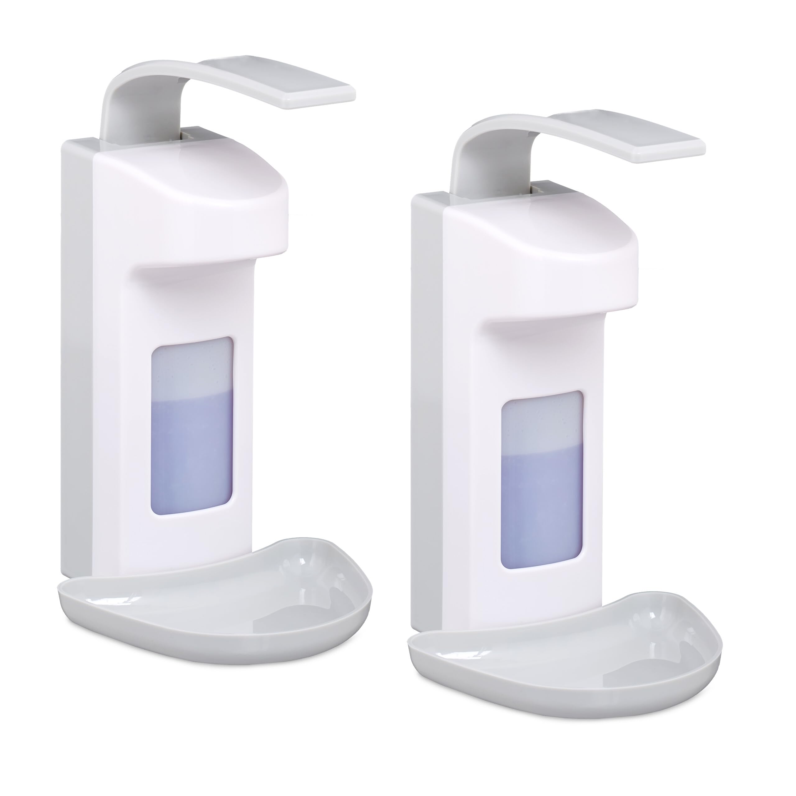 Relaxdays Soap Dispenser, Set of 2, 500 ml, Drip Tray, Lever, Sanitiser Container, Wall-Mount, Hygienic, White/Grey, 29 x 16 x 18 cm