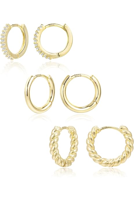 Gold Hoop Earrings Set For Women, 14K Gold Plated Dangle Cartilage Earring For Multiple Piercing, Dainty Gold Earrings Stacks (3-Gold-Square