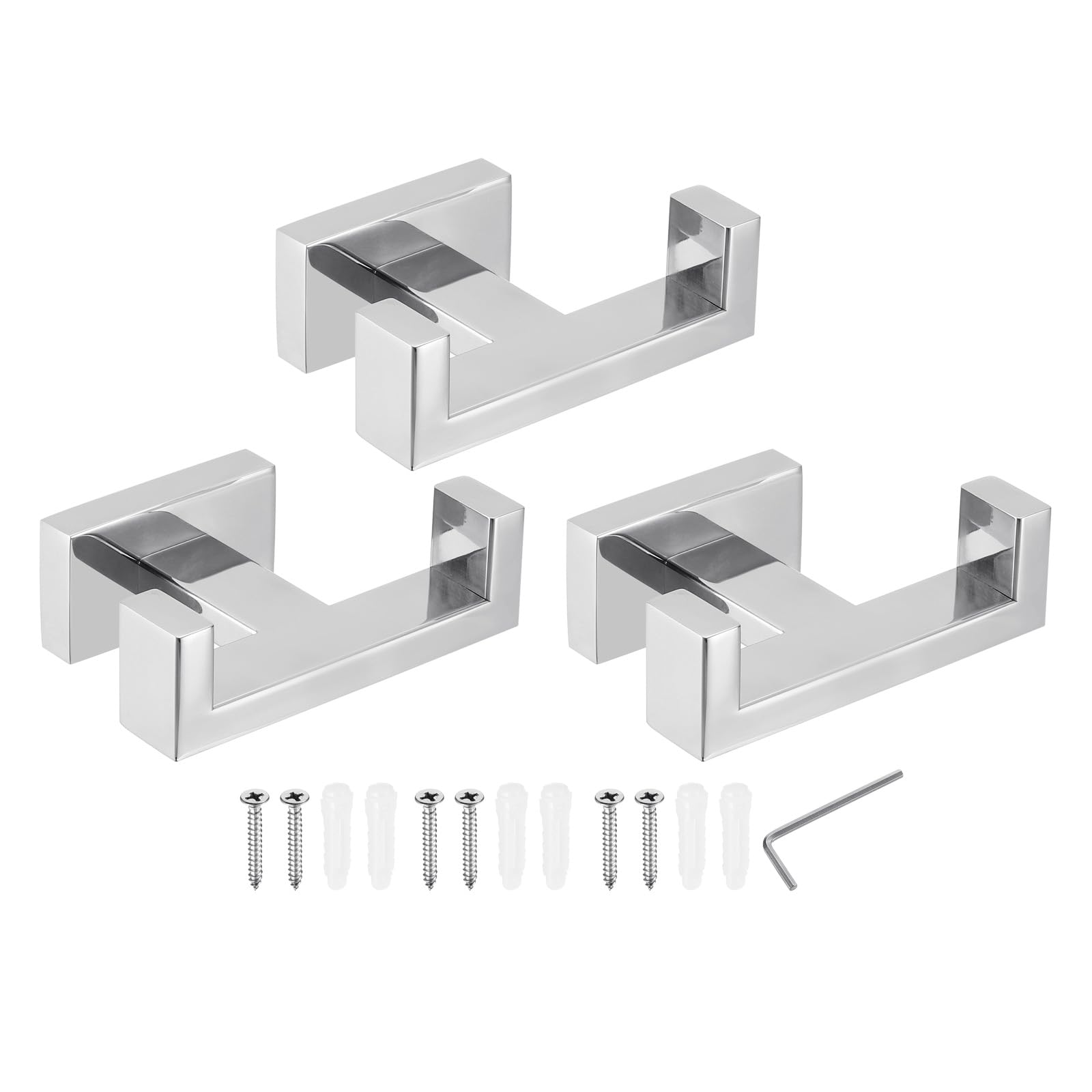 PATIKIL Double Towel Hook, 3Pack 304 Stainless Steel Wall Mounted Hanger Rectangle Towel Holder for Hanging Bathroom, Bedroom, Dormitory, Hang Towel, Clothes, Coat, Robe, Hat, Chrome Color