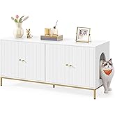 Feandrea Double Litter Box Enclosure, Modern Cat Litter Box Furniture Hidden, with Scratching Mat, Tall Legs, Cat House, Side