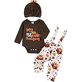 Doqcey Newborn Baby Boy Thanksgiving Outfit Long Sleeve Romper Turkey Overalls Pants Set Fleece Hat 3Pcs Fall Winter Clothes