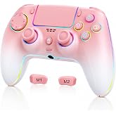 JUNHUAN Pink Wireless Hall Effect Controller for PS5/PC/Mac (Pink White) | Hall Effect Joysticks&amp;Triggers/1500mAh Battery/Back Paddles/Cool RGB Lighting/TURBO/Gyroscope