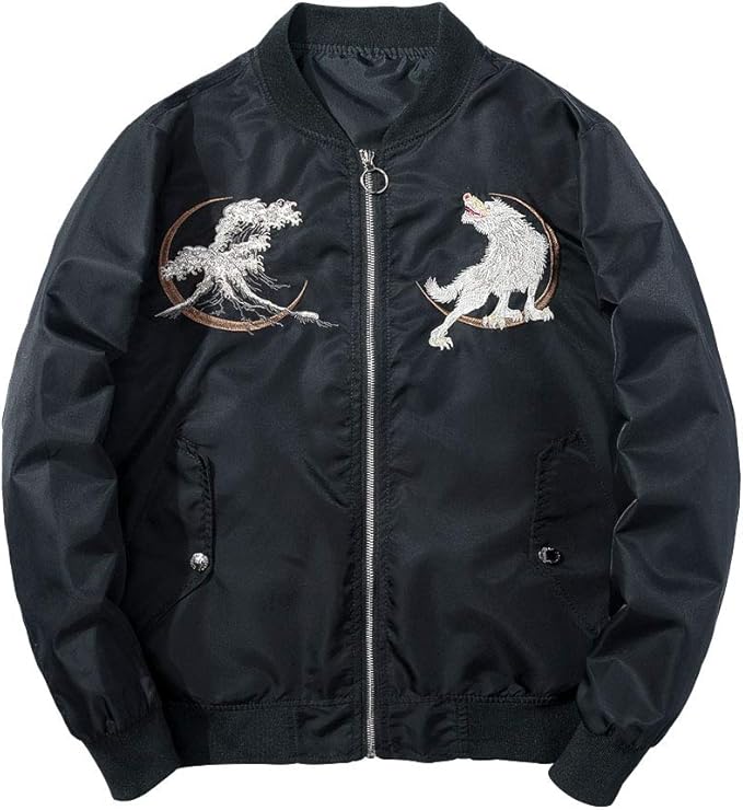 Amazon Bankiku バンキク スカジャン 狼 薄手 ジャンパー 中綿入り スタジャン 刺繍入り サテンジャンパー フライトジャケット ブルゾン ミリタリー Ma 1 ジャケット 黒 S 3xl 春 秋 冬 コート ジャケット 通販