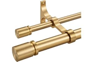 LWIIOM Double Curtain Rod 140 to 164 Inch,1 Inch Heavy Duty Curtain Rods for Windows with Solid Aluminum Cylindrical Finials and Bracket,1’’ Front and 5/8’’ Back Telescoping Double Drapery Rod,Warm Gold