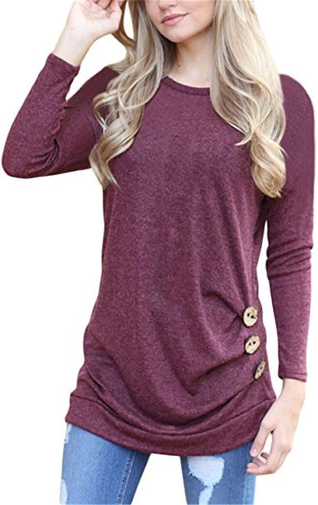 YOUHUA Women Long Sleeve Loose Button Trim Blouse solid color Round Neck Tunic T-Shirt Top(YJ07211-Maroon1--L)