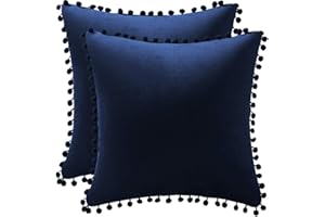 DEZENE Couch Pillow Cases 18x18 Navy: 2 Pack Cozy Soft Pom-poms Velvet Square Throw Pillow Covers for Farmhouse Home Decor