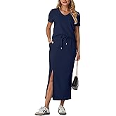 GRECERELLE Women Summer Casual 2 Piece Sets V-Neck Wrinkle-Free Top & Elastic Waist Midi Side Slit Skirt with Pockets