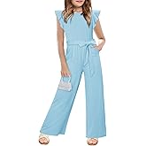 Yoklass Jumpsuit for Girls Casual Cap Sleeve Romper Belted Wide Leg One Piece Outfit
