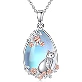 LUHE Moonstone Necklace 925 Sterling Silver Fox/Axolotl/Cat/Raccoon/Penguin/Frog/Panda/Highland Cow Pendant Necklace Animal Jewelry Gifts for Women