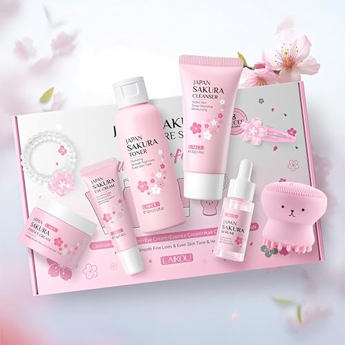 LAIKOU Skincare Set, Sakura Facial Skin Care Sets & Kits - Cleanser, Toner, Serum, Face Cream, Eye Cream, Hairpin, Hair Rope, Cleansing Brush, Pamper Gift Set for Teenage Girls Women, 8PCS