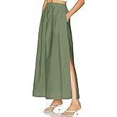 Skrtimory Womens Maxi Slit Skirt Elastic Waist Drawstring Long Skirts for Women with Pockets