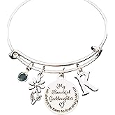 Goddaughter Charm Bracelet Adjustable Silver Bangle with Birthstone Flower and Initial Charm Gift from Godparent My Beautiful Goddaughter Jewelry Handmade